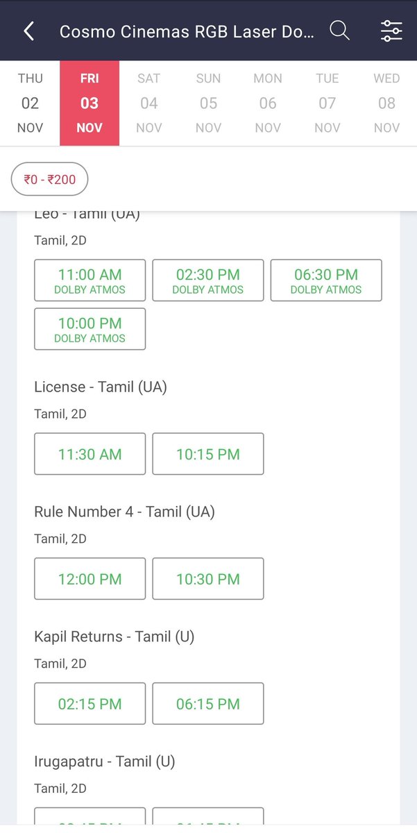 cosmo_cinemas's tweet photo. Bookings Open @ #Coimbatore #Udayampalayam #CosmoCinemas A/C [4K RGB LASER | 3D | ATMOS]

SCREEN 3, 2, 1

This week's movies :

#Leo
#Irugapatru
#License
#KapilReturns
#RuleNumber4

Online @bookmyshow

@Haricosmo
@KanthaswamyC @trishtrashers
@anirudhofficial @7screenstudio https://t.co/DYkOyd2aQy