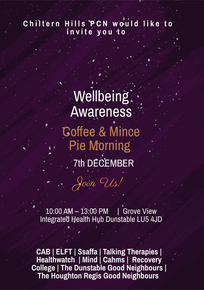 PrioryGSurgery's tweet photo. ⚠️Chiltern Hills Primary Care Network would like to invite you our Wellbeing Awareness morning on Thursday 7th December 2023 from 10am - 1pm! ⚠️
Please join us for a hot ☕️ and mince pie!
🫶 Please share with your friends and family 🫶
We look forward to seeing you 💙 https://t.co/8fRJDLtRFr
