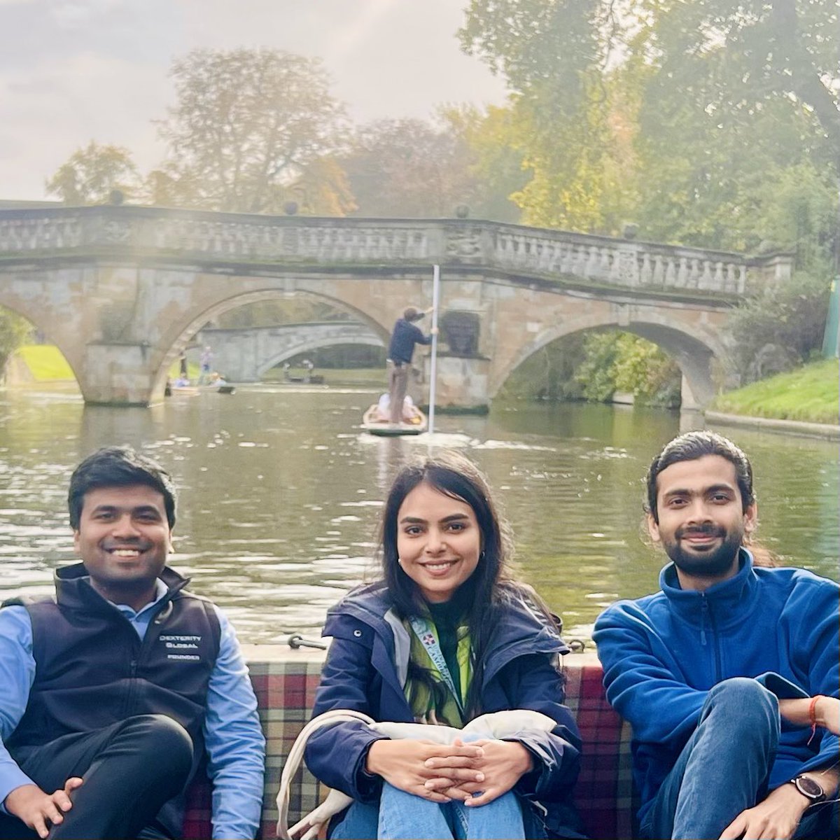 SharadSagar's tweet photo. On the last day of my three-week visit to the US and UK, our #DexterityToCollege fellows at University of Cambridge gave me a tour of Cambridge on foot and on a boat on the River Cam. Archa is an MPhil candidate while Shubham is pursuing his PhD at the 814-yr-old university. https://t.co/B4aL07q0oh