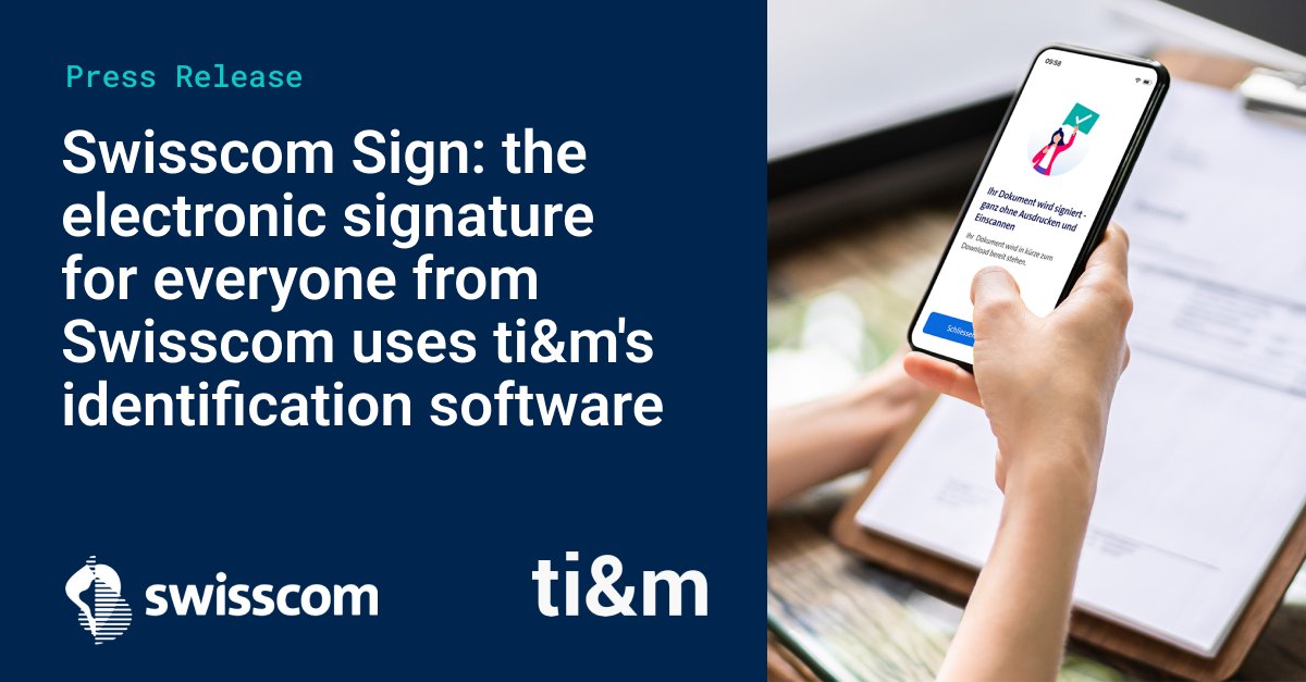 thomaswuest's tweet photo. Swisscom Sign, the new electronic signature service from @Swisscom, is live!

We are pleased to support Swisscom with our ti&amp;m Online Identification in providing the entire population with an electronic signature service.
 
Learn more in the press release. https://t.co/I2MWaRnYAI https://t.co/8um0WLU190