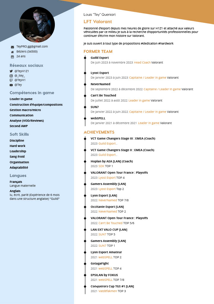 TeyH1Z1's tweet image. As you can see, I&apos;m officially free agent !

I&apos;m open to any offers (Coach/Player)

- Professional / Hardworker
- Adaptable / Great knowledge of the game
- Ready to build a team
- Initiator / Sentinel / Can IGL

Ready to give it my all for a new org 🫡

♻️ &amp;amp; ❤️ Appreciated

CV ⬇️