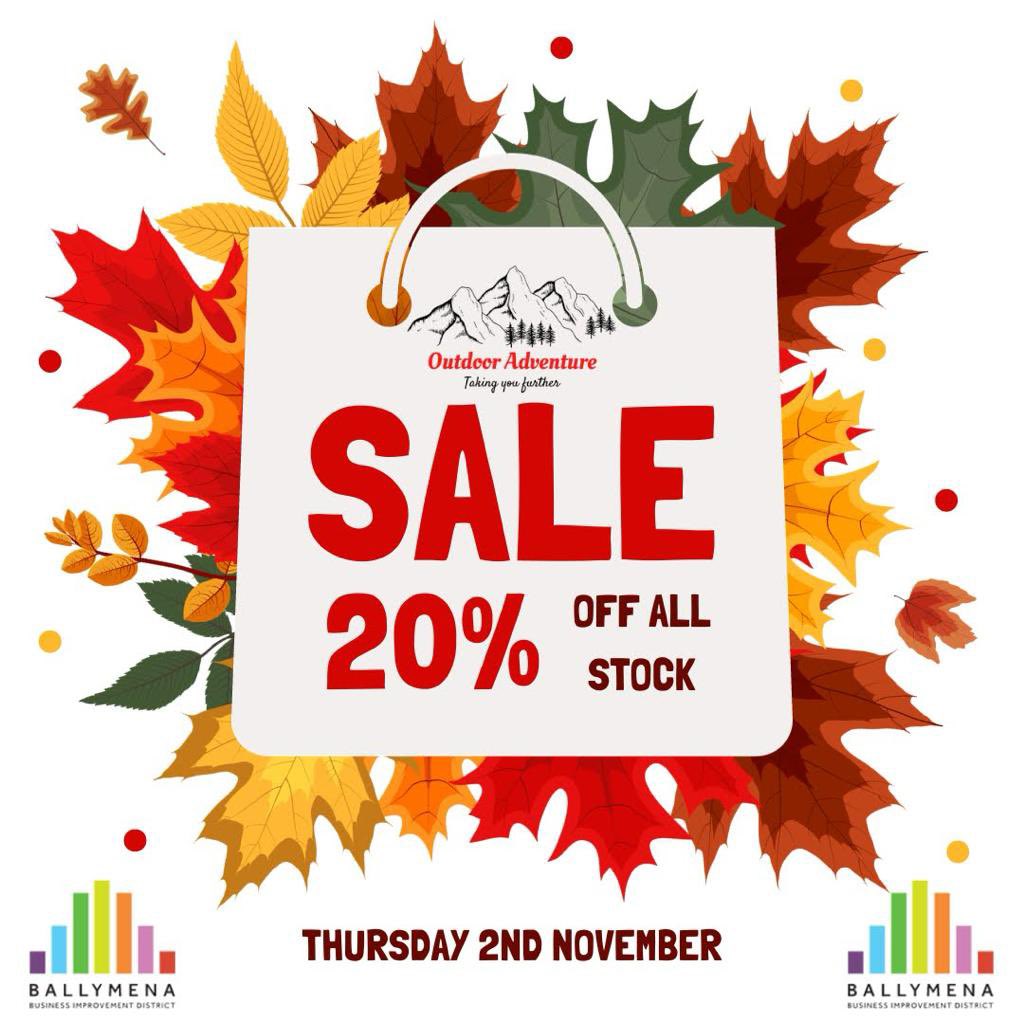 OutdoorAdvNI's tweet photo. 🎉🛍️ The BIG day has arrived! 🛍️🎉
Enjoy a thrilling 20% OFF EVERYTHING SALE at Outdoor Adventure, Ballymena. 🌲🏕️

Call in and grab yourself a bargain while stocks last or visit our online store at www.outdooradventureni.
#OutdoorAdventureSale #Ballymena #Discounts #ShopNow https://t.co/7nPVQrZmjl