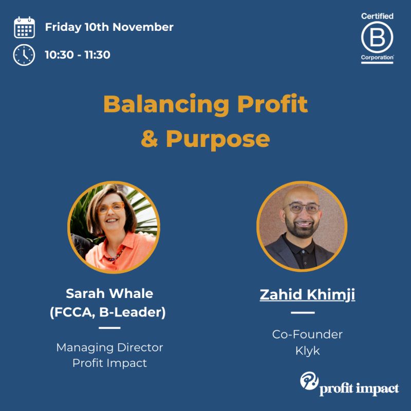 Klyk's Co-Founder, Zahid Khimji, will be joining Sarah Whale, MD at Profit Impact to discuss balancing profit &amp;  purpose 🌍

Zahid will share Klyk's story &amp; growing a business #sustainably whilst creating a positive impact

Sign up here
lnkd.in/earaQbWH
 
#BusinessGrowth