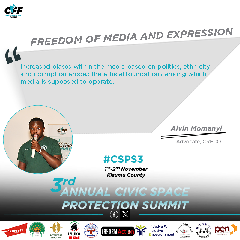 CRECOKenya's tweet photo. Increased biases within the media based on politics, ethnicity and corruption erodes the ethical foundations among which media is supposed to operate- @CRECOKenya's @momanyi_alvin on Freedom of Media and Expression at the #CSPS3. https://t.co/ar9dbYYx3b