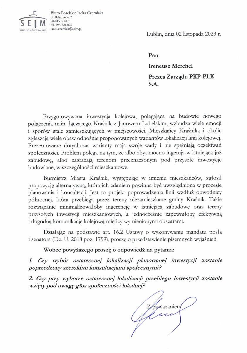 Budowa połączenia kolejowego pomiędzy #Kraśnik a #JanówLubelski budzi wiele niedomówień i pytań ze strony mieszkańców. Dlatego pytam prezesa <a href="/PKP_PLK_SA/">PLK SA</a> w tej sprawie, żeby miał okazję wyjaśnić te kwestię.
#lewica #lubelskie #pkp #kolej #kraśnik #janów #lublin