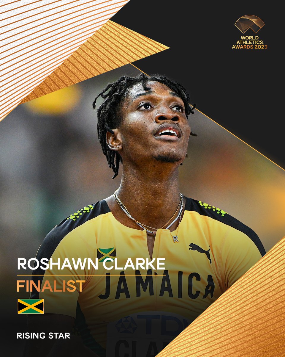 WorldAthletics's tweet photo. Men's Rising Star finalist ✨

Roshawn Clarke 🇯🇲

#WorldAthleticsChamps 400m hurdles 4️⃣th place
400m hurdles world U20 record 47.34 ⏰

#AthleticsAwards https://t.co/iDkCAAXoWi