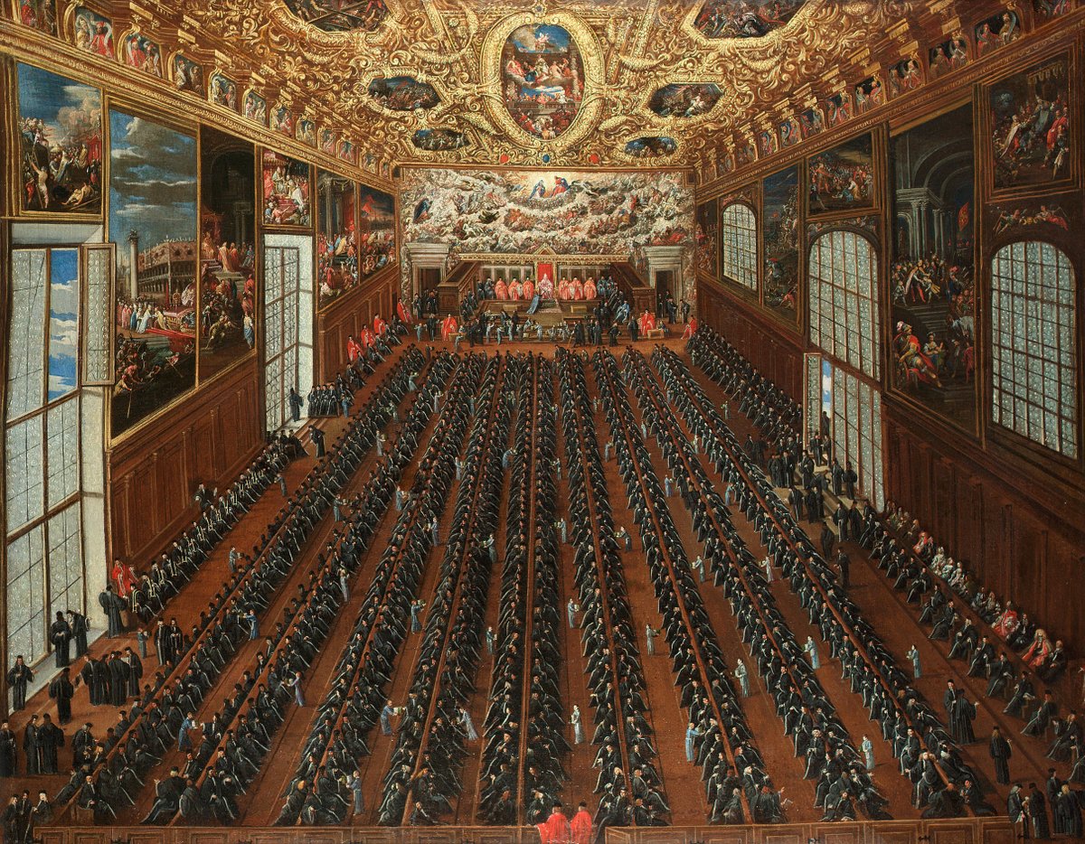 The Great Council of Venice in a voting session in the Doge's Palace.

This painting was made between 1648-50 and depicts powerful Venetian patricians voting on a bulletin for the election of new magistrates.

But I would also like talk about one interesting phenomenon that