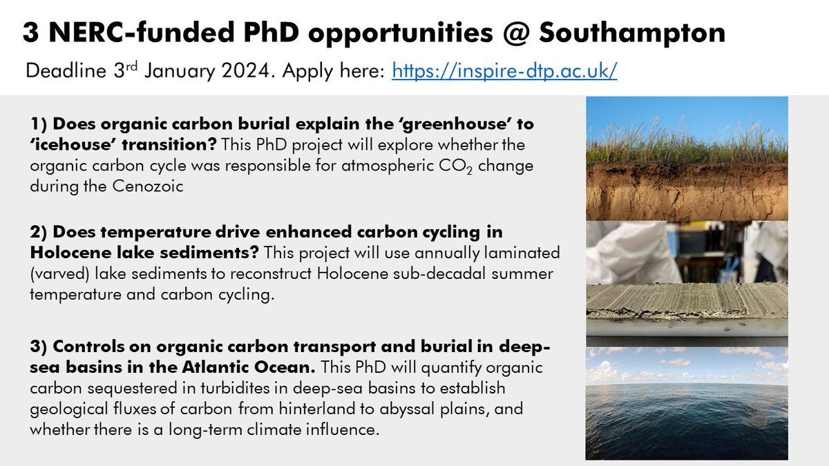 It's that time of the year again! Three NERC-funded PhDs available at Southampton. A strong carbon cycle vibe this year! Deadline to apply 3rd Jan 2024. Apply here: inspire-dtp.ac.uk.