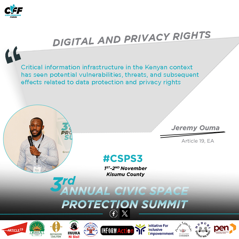 CRECOKenya's tweet photo. Critical information infrastructure in the Kenyan context has seen potential vulnerabilities, threats and subsequent effects related to data protection and privacy rights- Jeremy Ouma, @article19eafric at the #CSPS3. https://t.co/zC3xSByS7T