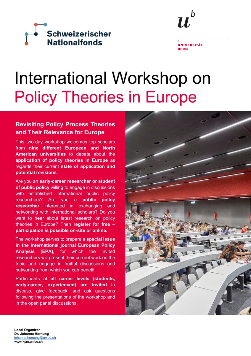 Johanna Hornung (@johannahornung) on Twitter photo On 6-7 Feb 2024, I am thrilled to host a workshop on Policy Theories in Europe <a href="/unibern/">Universität Bern</a>, funded by the <a href="/snf_ch/">Schweizerischer Nationalfonds (SNF)</a>, for a special issue guest-edited by @chris_weible in the <a href="/EPA_Journal/">EPA Journal</a>. You are invited to discuss with the authors on the theories' revisions and relevance for Europe. On 6-7 Feb 2024, I am thrilled to host a workshop on Policy Theories in Europe <a href="/unibern/">Universität Bern</a>, funded by the <a href="/snf_ch/">Schweizerischer Nationalfonds (SNF)</a>, for a special issue guest-edited by @chris_weible in the <a href="/EPA_Journal/">EPA Journal</a>. You are invited to discuss with the authors on the theories' revisions and relevance for Europe.