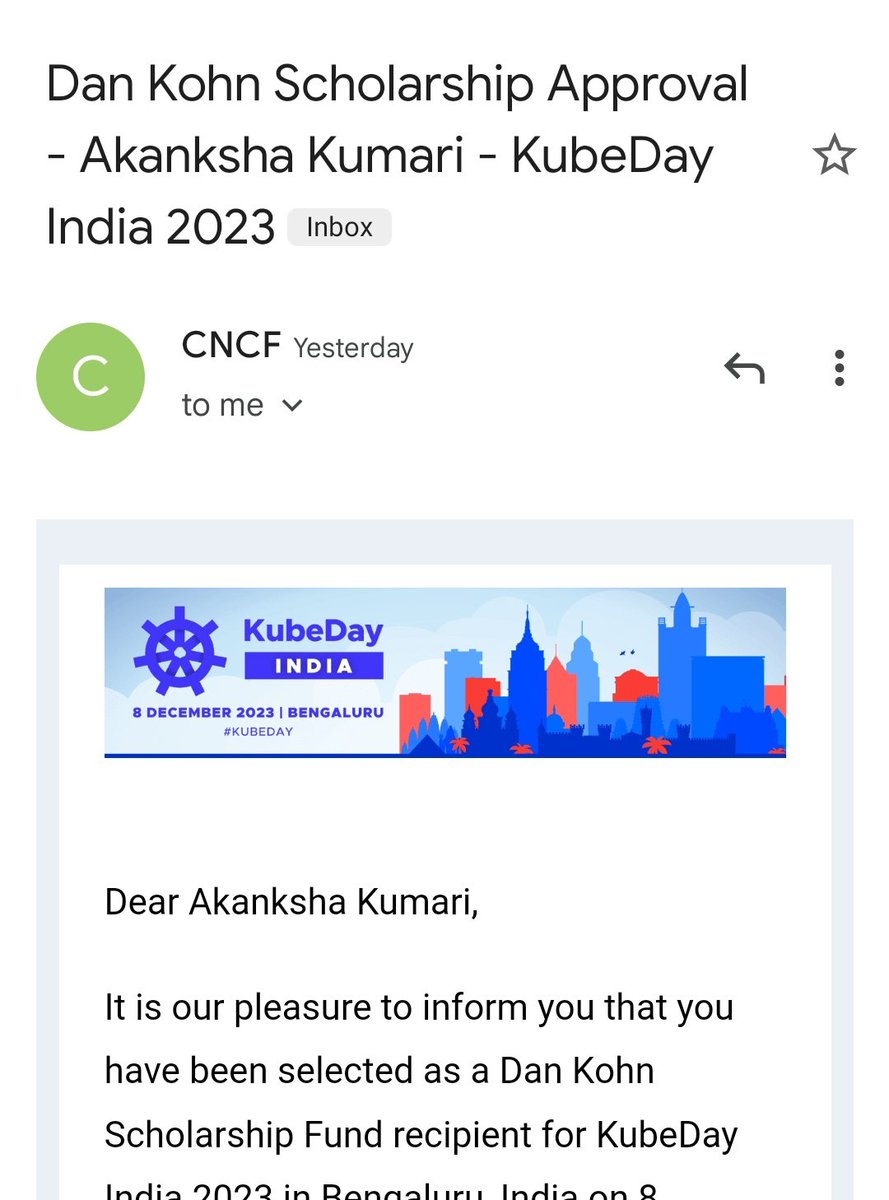 AkankshaK97's tweet photo. 🎉 Exciting news! I've received the Dan Kohn Scholarship for #KubeDay India! Can't wait to learn from fantastic talks and meet amazing people.🚀#Kubernetes https://t.co/OmrJRvkJ9a