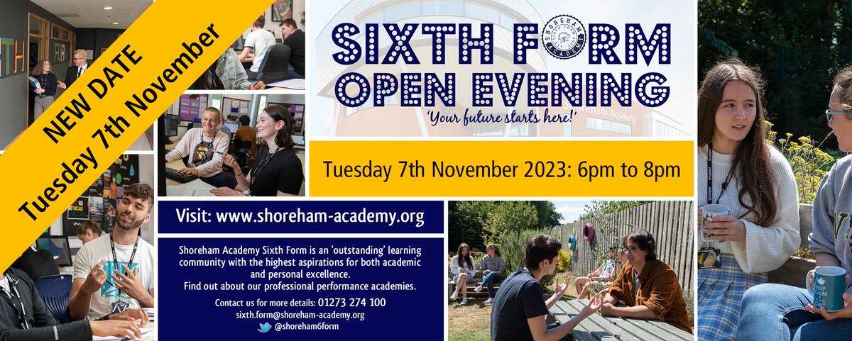 Shoreham6form's tweet photo. POSTPONED: Our open evening has been postponed until Tuesday 7th November - same time, same place, new date! We hope to see you there! 
@shorehamacademy https://t.co/gQxLIQuMoK