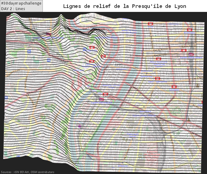 noirothomas's tweet photo. Day 2 – Lines 🗺 #30daymapchallenge Des lignes de relief à la place des courbes de niveau. Un exemple sur le secteur de la Presqu'île à Lyon. https://t.co/MLcI1n4LVe