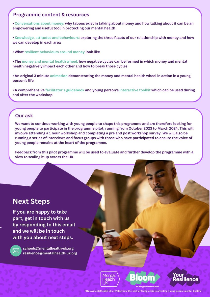 Hannah96C's tweet photo. Lots of interest in the FREE ‘Me &amp; Money’ pilot programme from @mentalhealthuk. Designed for 14-18 year olds it explores the relationship between money and mental health and shares tools to build financial resilience. Register your school now! ⬇️ #edutwitter #teachertwitter https://t.co/9nRMIWTIxM