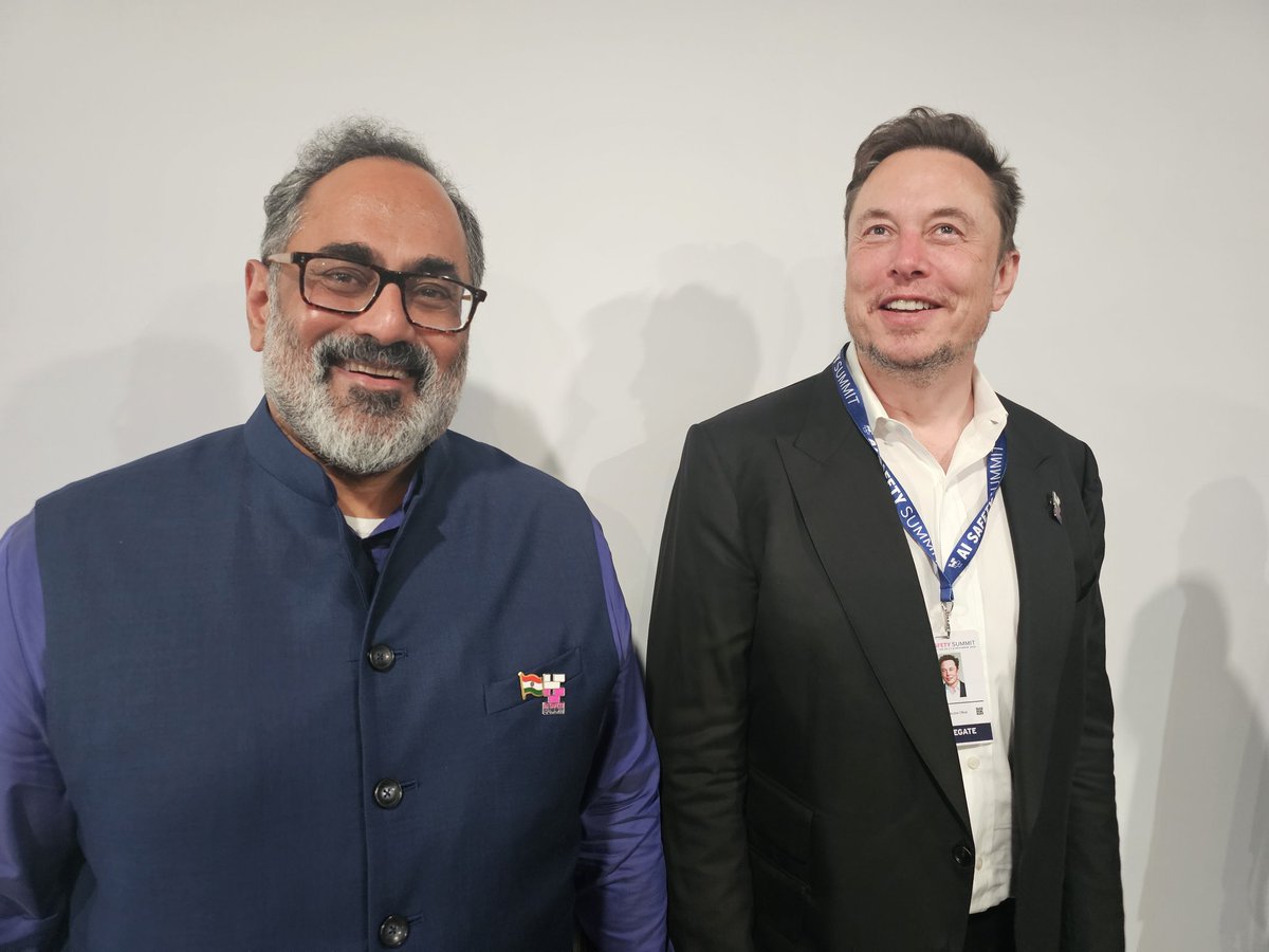 RajeevRC_X's tweet photo. Look who i bumped into at #AISafetySummit at Bletchley Park, UK.

@elonmusk shared that his son with @shivon has a middle name "Chandrasekhar" - named after 1983 Nobel physicist Prof S Chandrasekhar https://t.co/S8v0rUcl8P