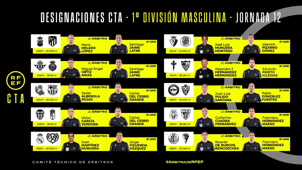 ⚖️ Estas son las designaciones arbitrales de la jornada 1️⃣2️⃣ de 𝐏𝐫𝐢𝐦𝐞𝐫𝐚 𝐃𝐢𝐯𝐢𝐬𝐢𝐨́𝐧.

🔗 bit.ly/desginacionesp…

#ArbitrajeRFEF