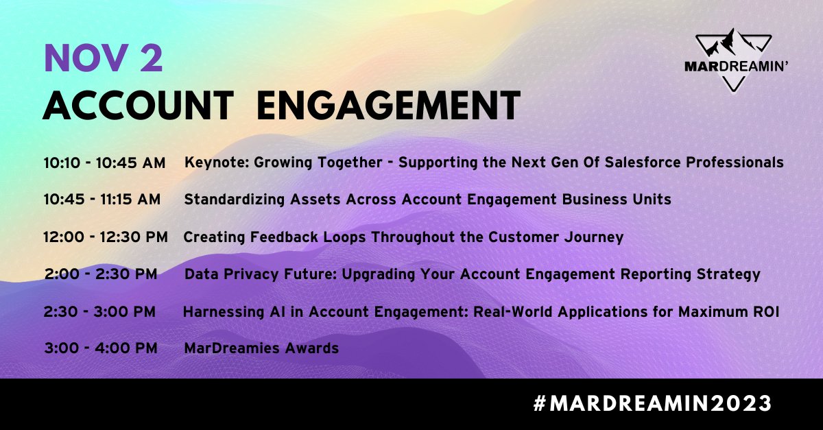 MarDreamin's tweet photo. It's Day 2 of MarDreamin! We have another day jam-packed with expert sessions across 4 tracks which are broken down in the images below for quick reference. 👇

Remember to stop by the Genius Bar and virtual booths. Have fun learning and getting new ideas! #MarDreamin2023 https://t.co/omtzsr99nD