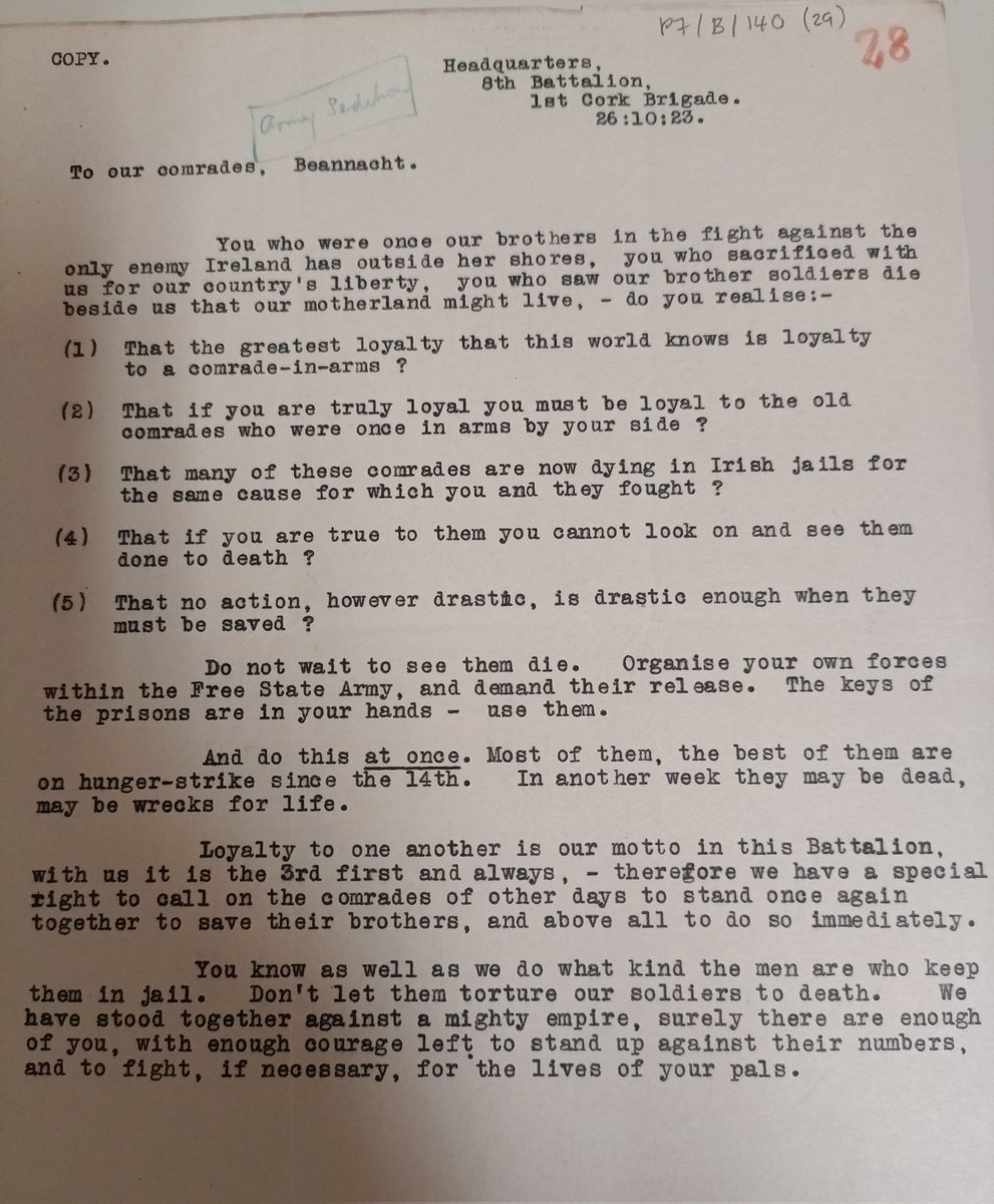 JordanNiamh's tweet photo. IRA HQ Cork appeal to Free State Army. Oct 1923.
To our comrades,
You who were once our brothers in this fight...We have stood together against a mighty empire, surely there are enough of you, with enough courage left to stand up against their numbers
@ucdarchives #mulcahypapers https://t.co/yRGj39nYyW