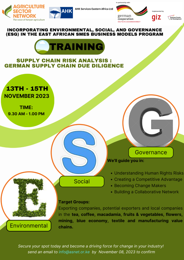 AsnetKenya's tweet photo. Unlock the secrets of Supply Chain Due Diligence with our expert-led training! Don't miss this chance to fortify your business's supply chain. REGISTER NOW!
#SupplyChainDueDiligence #SustainabilityToday #EastAfricanAgriculture #BusinessScoutsforDevelopment @bimalkantaria https://t.co/64H7PO3kIr