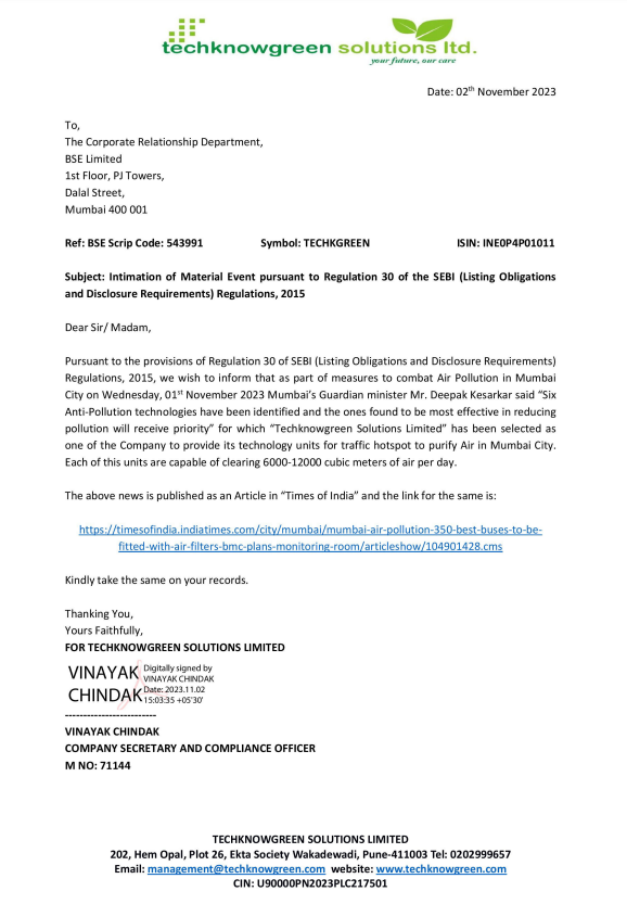 NaveenMenezes74's tweet image. Exciting news! #TechknowgreenSolutions Limited is chosen to deploy its cutting-edge technology to combat air pollution in Mumbai. With environmental concerns on the rise, this is a significant step towards a cleaner, greener future. Proud to be part of this eco-conscious journey…