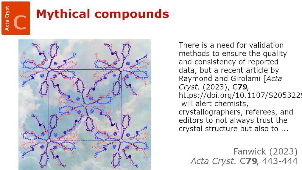 ActaCrystC's tweet photo. Mythical compounds @ActaCrystC @IUCr https://t.co/kday42P44J @PurdueChemistry @LifeAtPurdue #crystallographicerror #atommisassignment #incorrectmodeling #disordered #guestmolecule #incorrectspacegroup #incorrectcellsize #checkCIF #crystallography #openaccess https://t.co/lBM2s0Eaaj