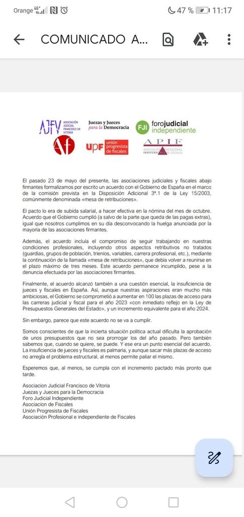 📢Comunicado de las asociaciones judiciales y fiscales que firmaron el pacto de 23 de mayo de 2023 

➡️ Reclamamos al <a href="/justiciagob/">Ministerio de la Presidencia, Justicia y R. Cortes</a> que se convoquen las 100 plazas de judicatura y fiscalía comprometidas en ese acuerdo
