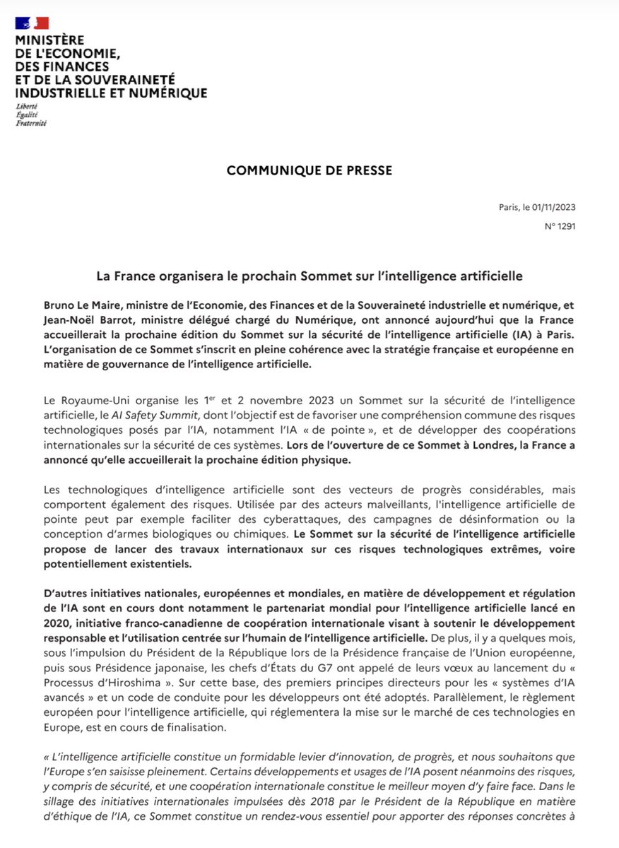 La France accueillera le prochain sommet sur l'intelligence artificielle.

Notre pays est un leader européen dans le développement de modèles d’IA.

Le gouvernement est aux côtés de tous les acteurs pour favoriser l’innovation, et réguler pour une IA de confiance.