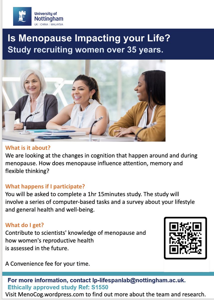 Our in-person #menopause study is now open to women aged 35years and over. 
See the attached leaflet more information or contact lp-lifespanlab@nottingham.ac.uk for more information. <a href="/MenoHealthUK/">MenoHealth</a>, <a href="/BLKMenopause/">Black Women in Menopause</a>, @nottswomenscent <a href="/Nottswlibrary/">Nottingham Women's Library</a>, <a href="/Menopause_Cafe/">Menopause Café</a> <a href="/LTMenopause/">Let's Talk Menopause</a>