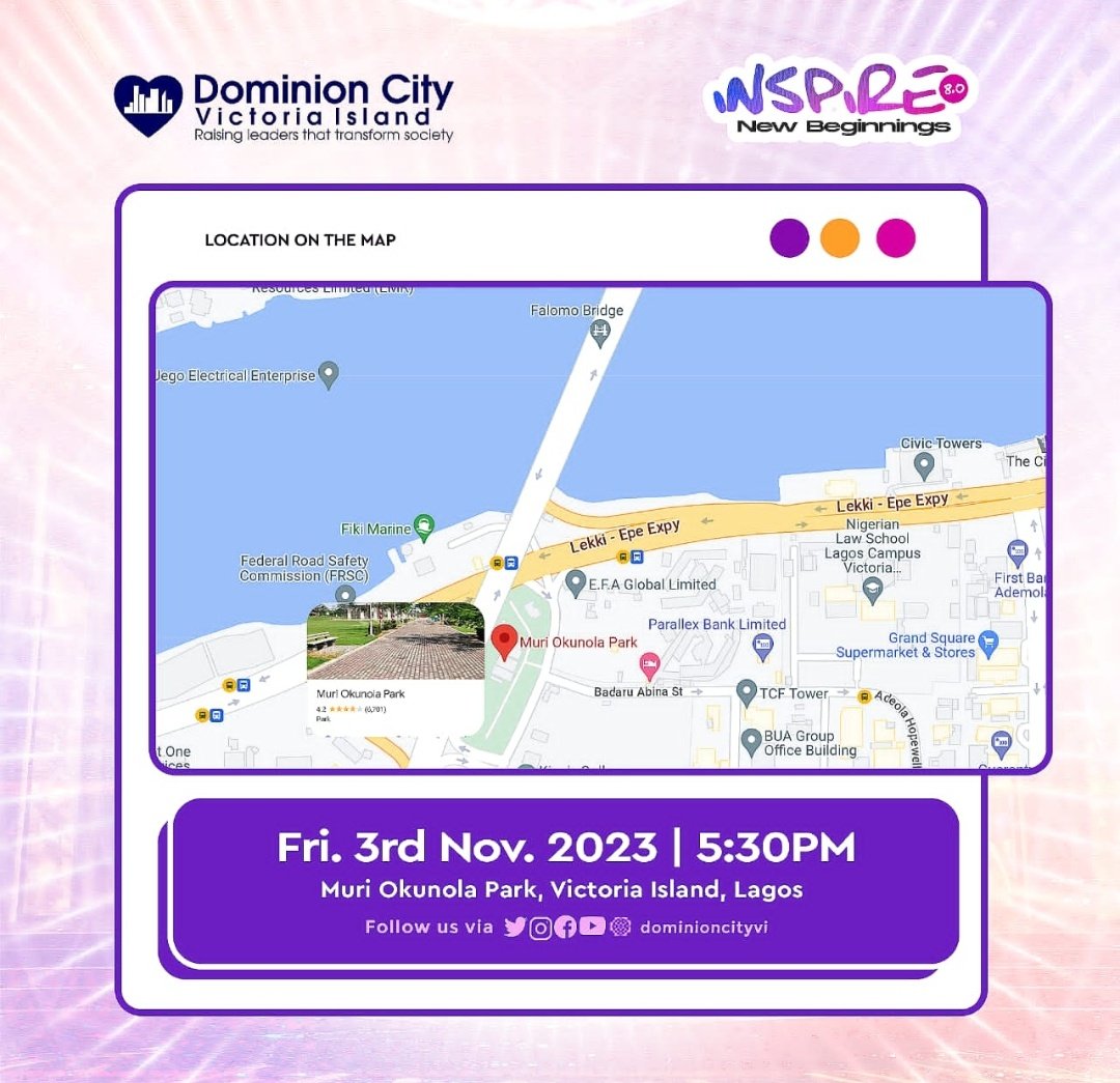 One Day to go and it's #inspire8. Do not let Lagos traffic worry you. Leave on time to Victoria Island at Muri Okunola Park. Use map if you do not know the venue. #pastordavidogbueli #DominionCity #DominionCityVi #worship