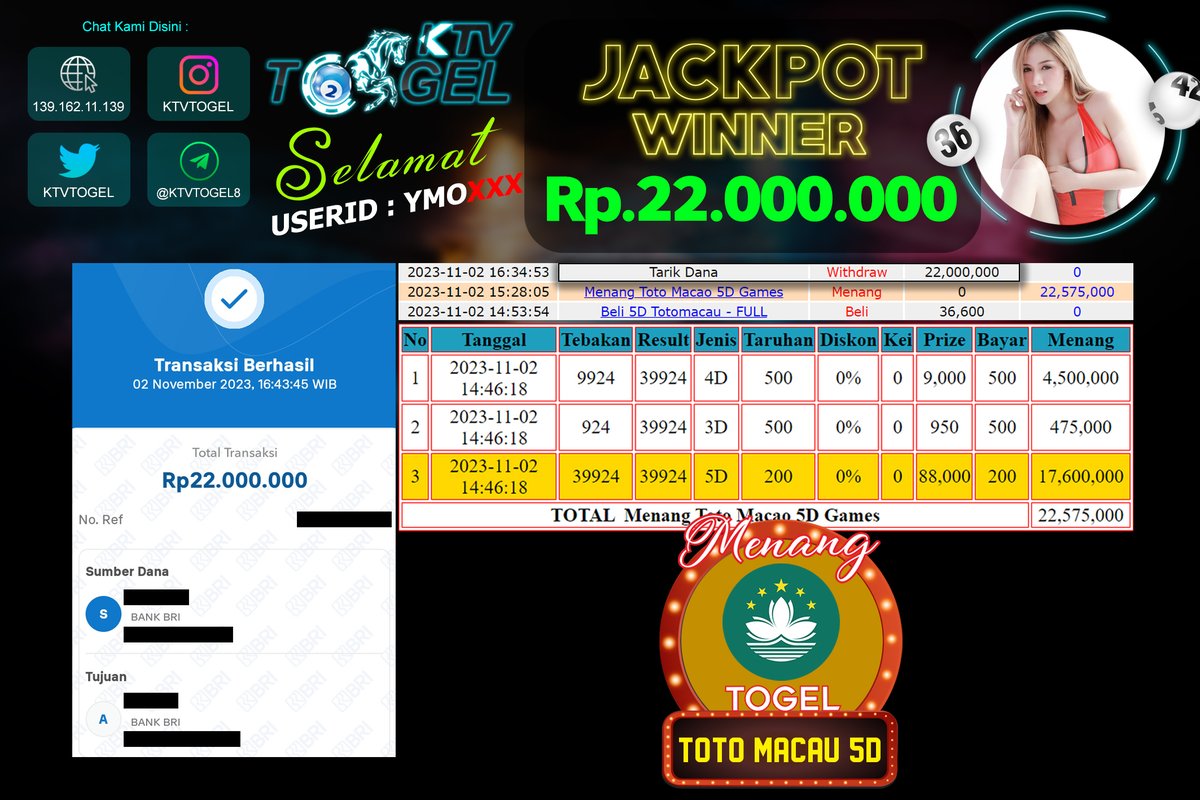AgenKtv's tweet photo. MUDAH JACKPOT !!!  
Congrats untuk KTV Lovers telah menang pada Pasaran TOTO MACAU 5D Sebesar 22 JUTA RUPIAH pada tanggal 02 November 2023    

Ayo Daftar sekarang juga hanya di Situs Terlengkap KTV!! https://t.co/fH8kOSY1h4