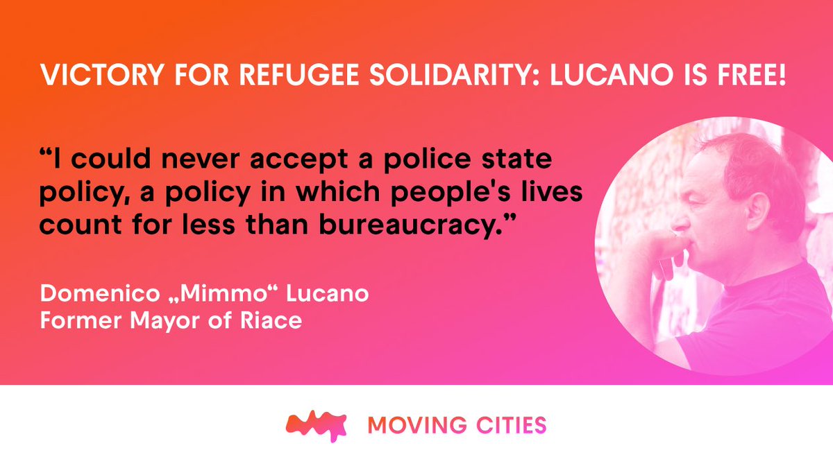 It is a turning point in the fight against the criminalisation of #solidarity: the former mayor of the southern Italian town of #Riace, #MimmoLucano, is finally free!  #iostoconmimmolucano

Image: Carlo Troiano
Quote: ldubbio.news, Interview by Simona Musco, 13.10.2023