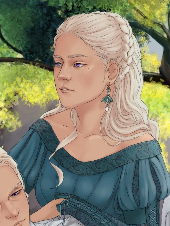debustee's tweet photo. Close-ups, because tweeter devours art size🥲

- Daeron is in love with Tessarion and prefers sapphires
- Helaena loves creepy &amp; cute things
- Aegon is dressed up by the first one who gets him
- Aemond has a collection of fancy things &amp; Helaena sometimes braids his hair https://t.co/LuCgXwp3xd