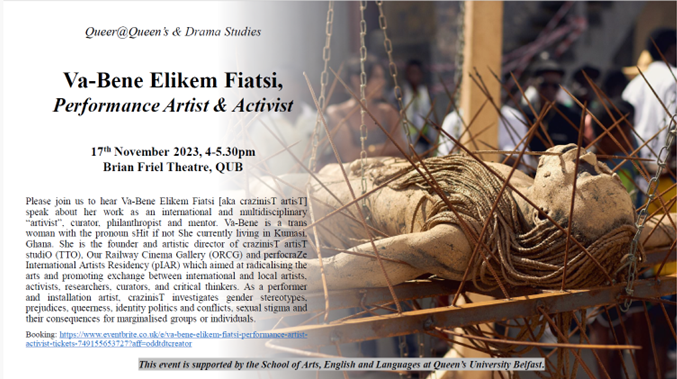 tgeducation's tweet photo. Va-Bene Elikem Fiatsi is visiting @QUBelfast to speak about her artwork in relation to the recent anti LGBTQI+ laws going through parliament in Ghana. It's an open event and everyone is welcome. #QUBPRISM @QUBEqualDiverse https://t.co/DNcbh8WOxw
