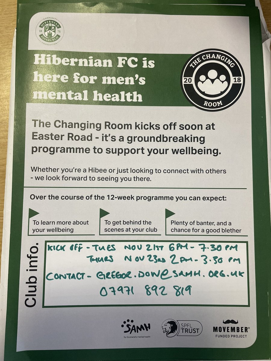1/2 <a href="/SAMHtweets/">SAMH</a> brilliant Changing Room starts in a few weeks <a href="/HibsinCommunity/">Hibernian Community Foundation</a> Come join your fellow men for great banter, Hibs &amp; fitba chat, pizza &amp; getting to go behind the scenes at Easter Road at our introduction sessions - we have a daytime &amp; evening session running for…