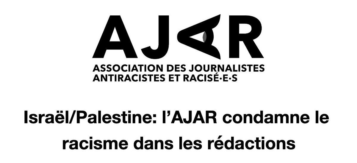 AJARacisees's tweet photo. 🚨COMMUNIQUÉ. Israël/Palestine: l'AJAR condamne le racisme dans les rédactions. L'association apporte son soutien et se tient à disposition de toute personne visée qui souhaite engager des poursuites. 
https://t.co/HJpbZTw3Ji https://t.co/rCiiFANzgq