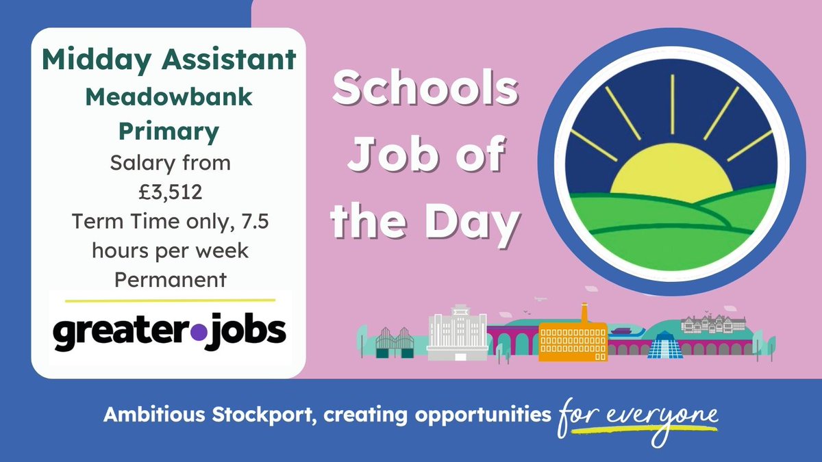 JobsAtStockport's tweet photo. Meadowbank Primary #School #Cheadle is looking for a flexible and caring new #MiddayAssistant to join their happy team.
Are you able to support children calmly to create the best lunchtime possible for all?
Find out more π https://t.co/9UPk8r6lmy
#TeamStockport #SK8 #NewJob https://t.co/RQ4sPtF1pu
