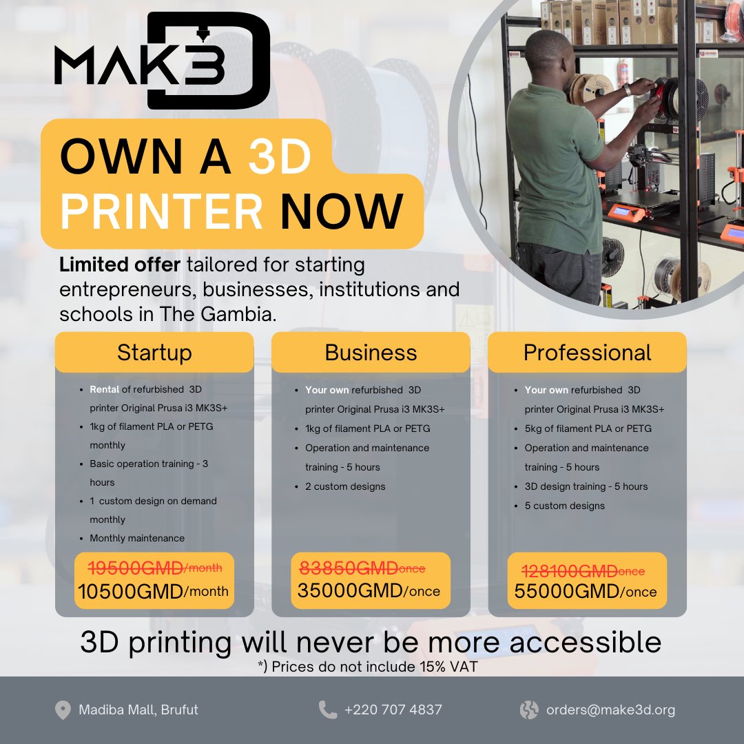 make3dgambia's tweet photo. Have you always wanted a #3DPrinter for yourself, institution or your business? 

Here is an opportunity to rent or own a refurbished, highly functional 3D Printer with a 6 months warranty. 

Contact us today on +220 7074837 or orders@make3d.org

#Make3D #Gambia #3DPrinting https://t.co/YMnMdIukQV
