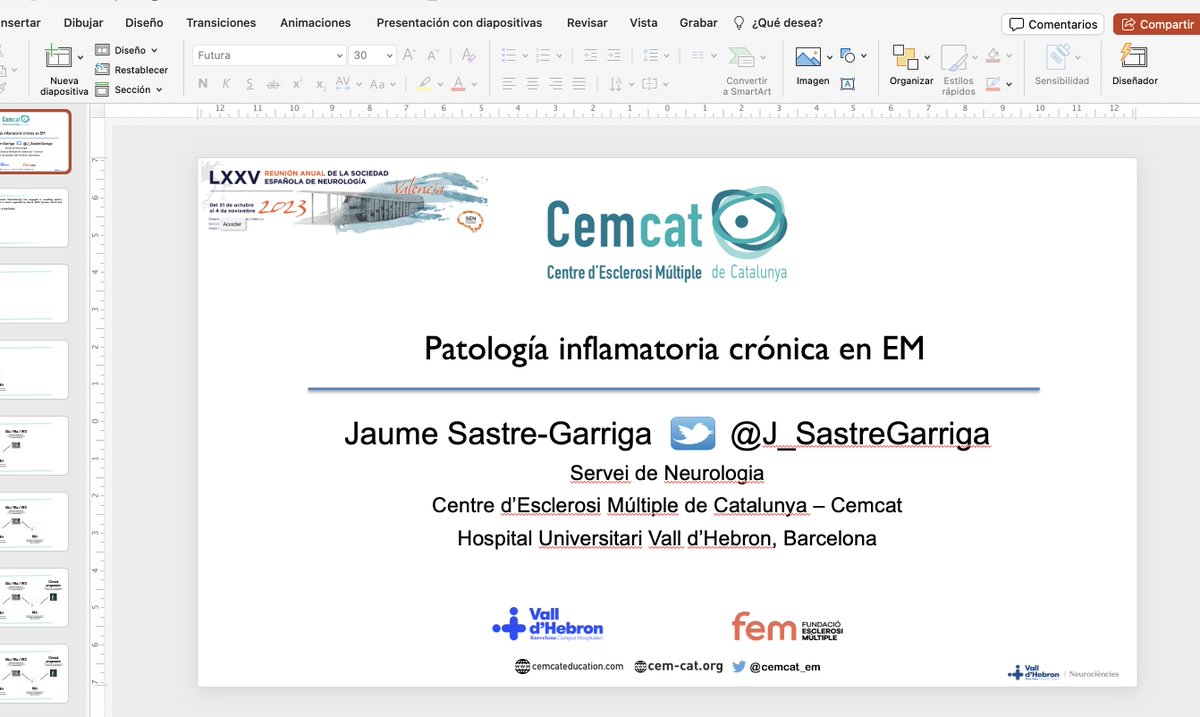 J_SastreGarriga's tweet photo. Trabajando en mi presentación oral de mañana en el Grupo de estudio de #esclerosismultiple y enfermedades neuroinmunológicas relacionadas (GEEMENIR) de la @seneurologia #RASEN23  sobre "Patología inflamatoria crónica en EM" @cemcat_em https://t.co/KZq5gisMWs