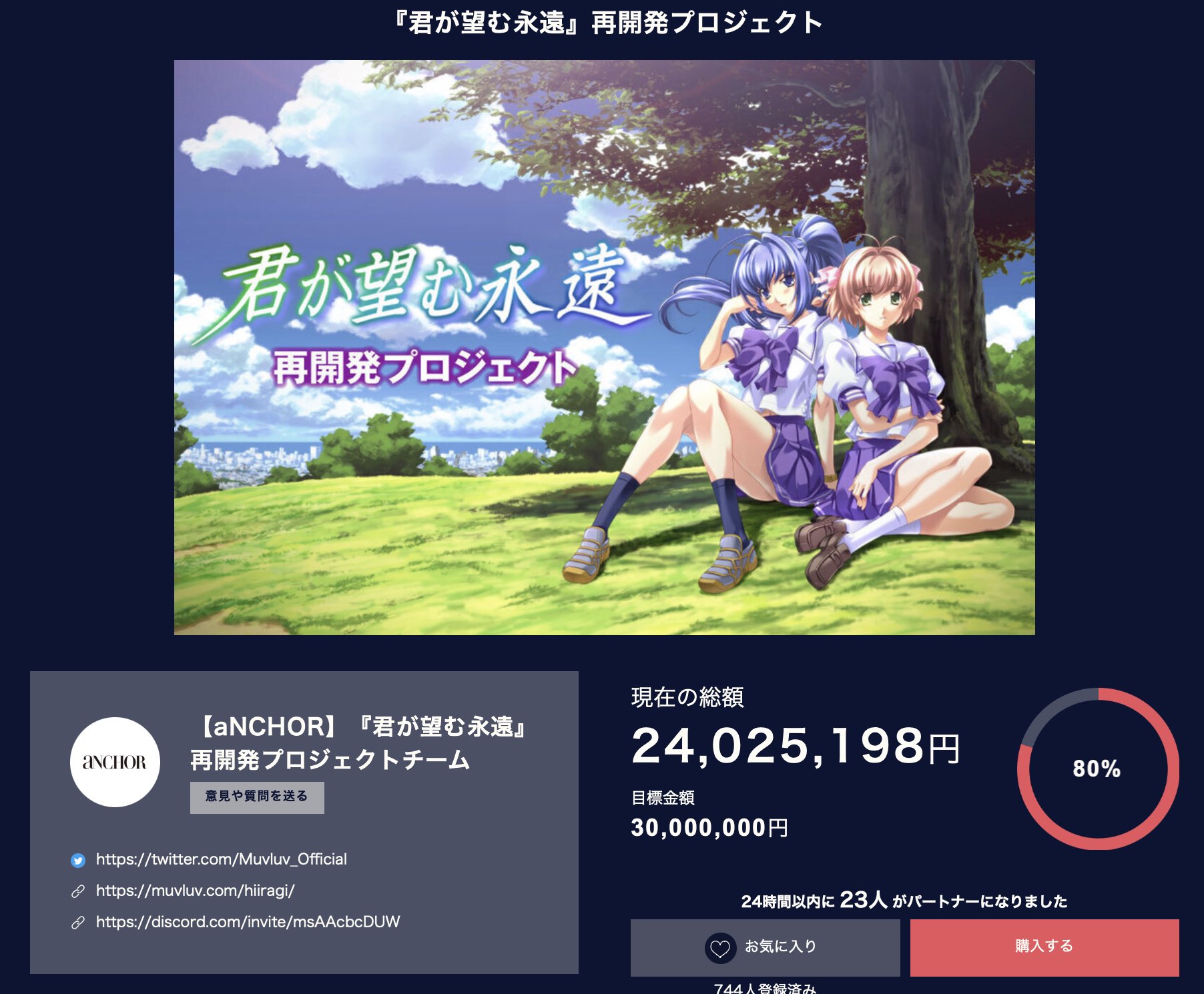 âge（アージュ）【公式】君のぞクラファン、ご支援ありがとうございました on X: 📢『#君が望む永遠』再開発プロジェクト達成状況👀  🎉現在80%達成いたしました！🎉 目標達成まであと6,000,000円🔥 応援、拡散ご協力宜しくお願いいたします！ プロジェクトページはこちら  ...