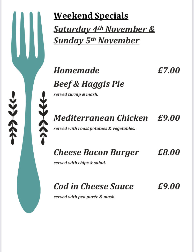 Sunday 5th Nov is the start of 'Monthly Carvery' - £12 adults, £7 children. Reminder Curry karaoke this Saturday evening, free entry, £9pp for curry. Tickets available for Mod / 80's Cabaret on Saturday 25th November available from the Bar.