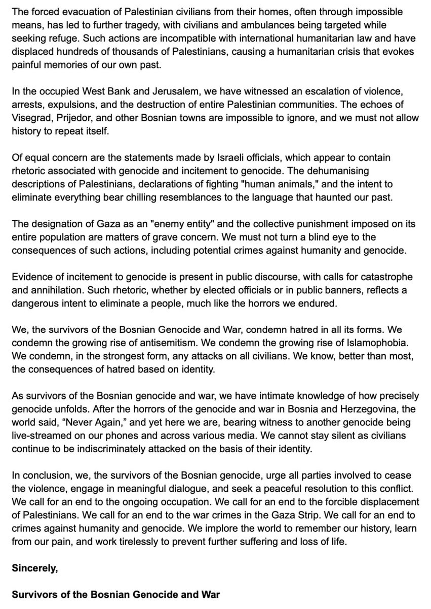 arnesa_kustura's tweet photo. Open Letter: Bosnian Genocide &amp; War  Survivors Condemn the Genocidal Actions of the Israeli Regime. 

Hundreds of us, from all backgrounds, cities &amp; professions, have come together to condemn the ongoing genocide &amp; crime against humanity in Israel. https://t.co/632dghRum1