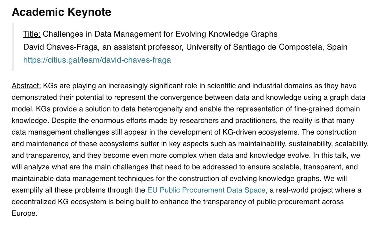 MEPDaW workshop (@mepdaw) on Twitter photo The day of the workshop is coming 🔜 ! Don't forget to register on the website so you can enjoy the presentations we have prepared! The academic #keynote will be presented by Dr. <a href="/dchavesf/">David Chaves-Fraga</a>, who will talk about the "Challenges in Data Management for Evolving Knowledge Graphs The day of the workshop is coming 🔜 ! Don't forget to register on the website so you can enjoy the presentations we have prepared! The academic #keynote will be presented by Dr. <a href="/dchavesf/">David Chaves-Fraga</a>, who will talk about the "Challenges in Data Management for Evolving Knowledge Graphs