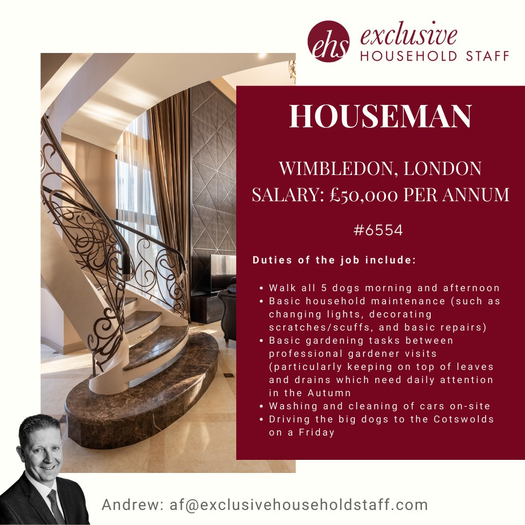 Our client is seeking a friendly, calm and proactive Houseman to join an established household team in Wimbledon.

exclusivehouseholdstaff.com/vacancies/view…

#houseman #privatehouseman #domesticstaff #householdstaff #wimbledonjobs #wimbledonhouseman #londonprivatestaff #londonhouseman