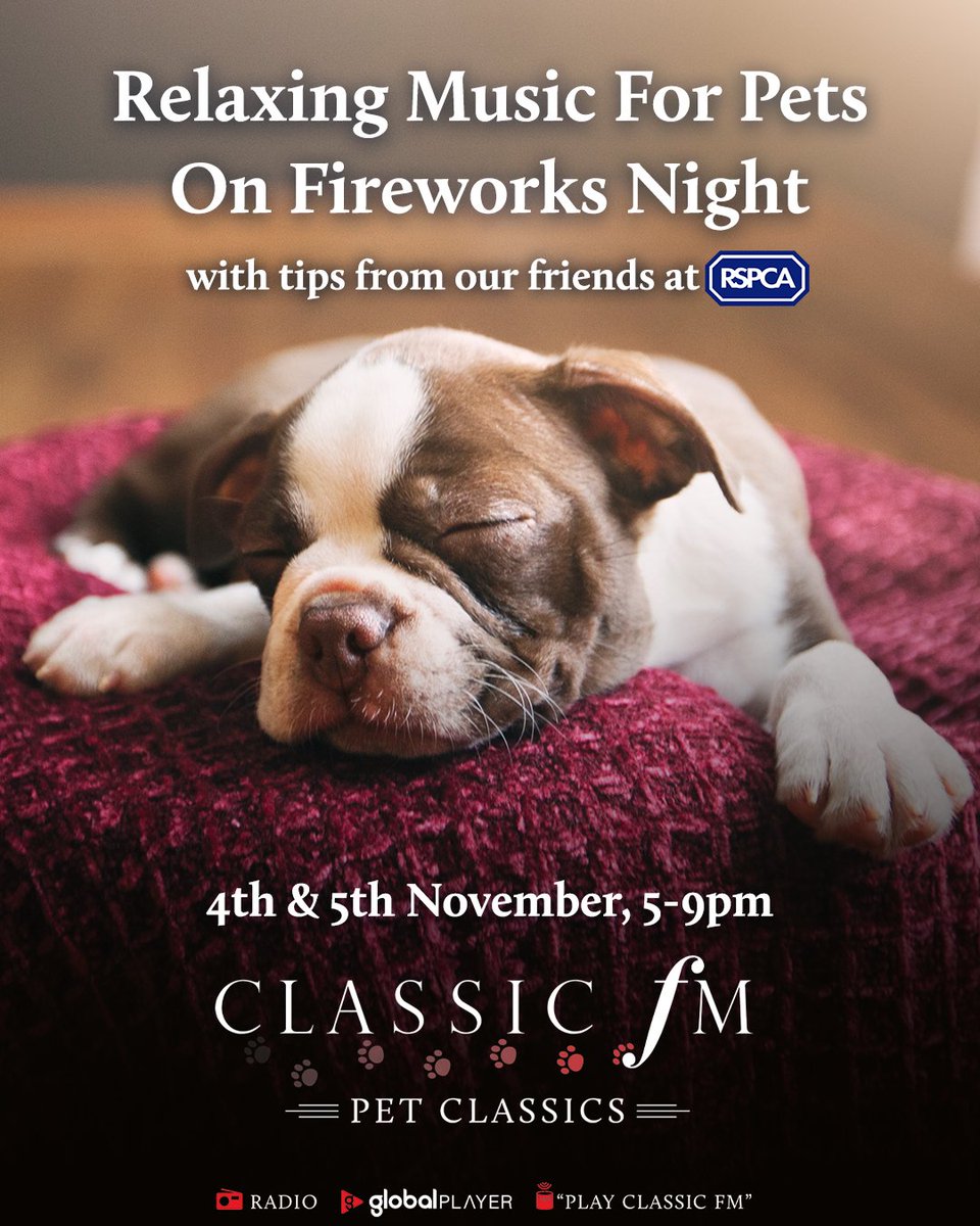 ClassicFM's tweet photo. Pets scared by the fireworks? Come and join us for two nights of calming classical music, in the musical sanctuary we call #PetClassics.🐾

📻 Saturday 4 and Sunday 5 November, 5-9pm. https://t.co/4sAsAnDLAi
