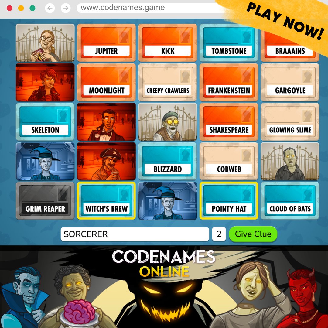 CodenamesGame's tweet photo. 🕵️♂️ The board has been bewitched! Dive into a game of #CodenamesOnline and enjoy special Halloween-themed cards. But act fast, these spooky words disappear after Nov 7! 🎃👻
#SpookySeason #HalloweenEvent #boardgames #codenames @czechgames https://t.co/BP33yv79JX