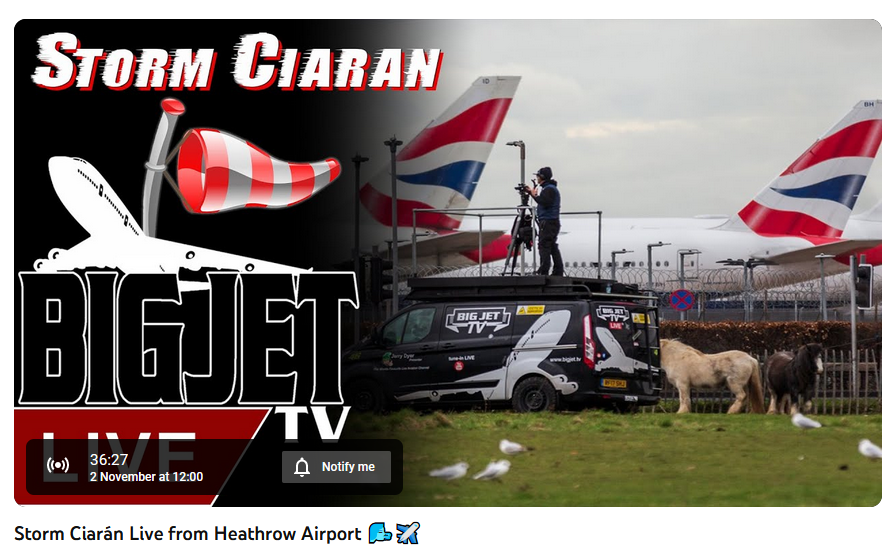 ianvisits's tweet photo. Big Jet TV will be giving live coverage as #StormCiarán buffets planes landing at Heathrow Airport from 12 noon today

https://t.co/CckG4RdOgg

That's your lunchtime sorted. https://t.co/joEqV7BRdo