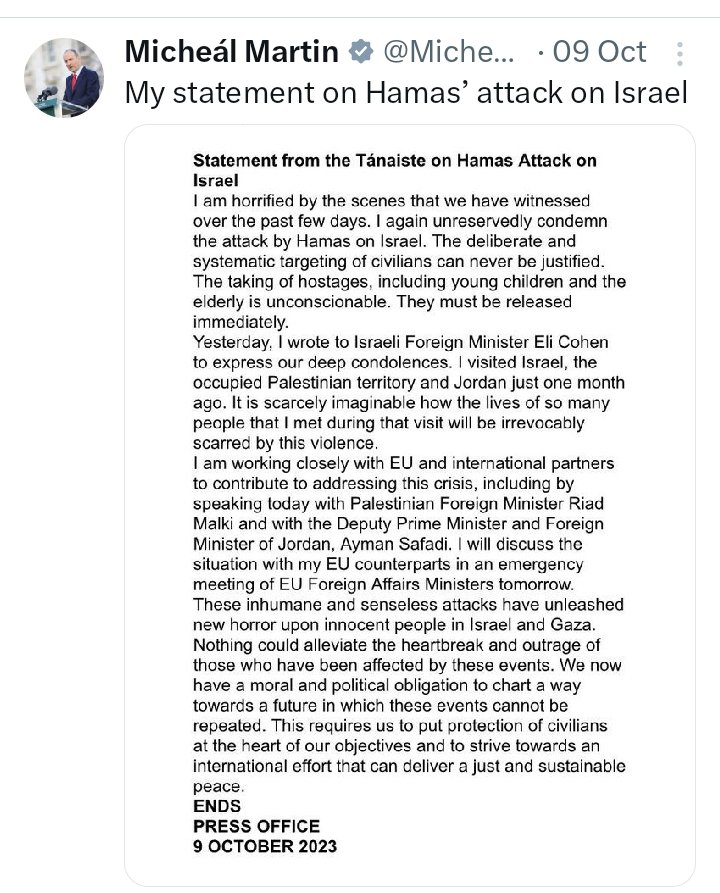 BGormley71's tweet photo. @MichealMartinTD I am not sure as to why you are shocked when it was very clear from previous experience what was going to happen. Your one sided statement below gave the green light to Israel. Unfortunately you chose to stand with the  oppressor and blamed the oppressed. Ireland's shame. https://t.co/TLOywDq0yu