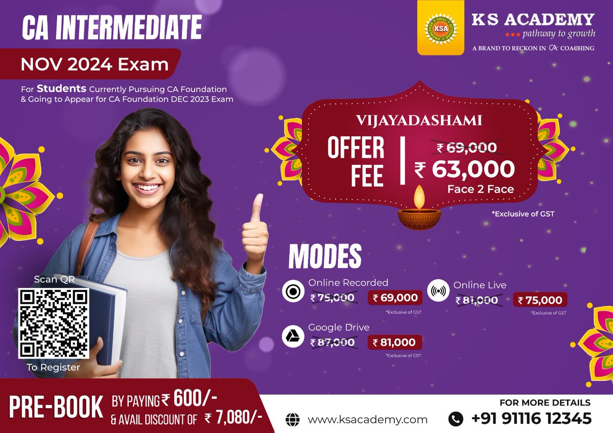 caksaravanan's tweet photo. KS Academy happily announces Vijayadashami Offer for CA intermediate Nov 2024 Exam ✨

( For Students Currently pursuing CA foundation &amp; going to appear for CA Foundation Dec 2023 Exam)

Check view details and Pay online: https://t.co/hjSCKDP6ox

#CAintermediate #icai #icaiexams https://t.co/hUf7Y9XYdp
