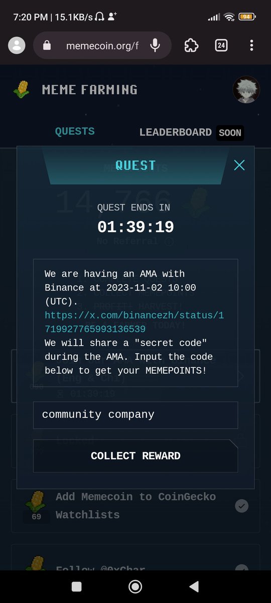 Rimuru05100's tweet photo. Yo! 🫰 New quest for today only 1h and 39minutes left input the code to received points. 😇

We farm in memecoin 
We farm in $RATIO 🤣 https://t.co/eYp3vNqXqj