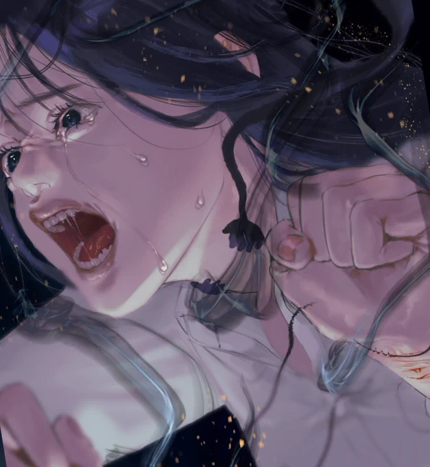 迫る   イラストやっと完成 現実も死もどちらからも逃れたくて必死に足掻いてる子を描きました   #イラスト #創作